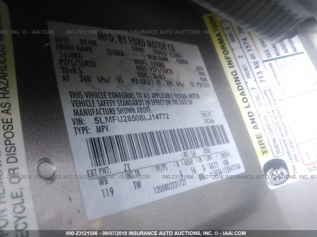 5LMFU28508LJ14772 - 2008 LINCOLN NAVIGATOR Күміс фото 9