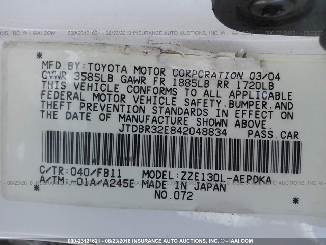 JTDBR32E842048834 - 2004 TOYOTA COROLLA CE/LE WHITE photo 9