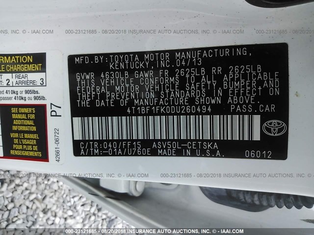 4T1BF1FK0DU260494 - 2013 TOYOTA CAMRY L/SE/LE/XLE 白色 照片 9