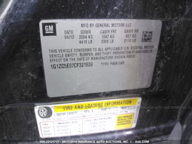 1G1ZC5E07CF321628 - 2012 CHEVROLET MALIBU 1LT 黑色 照片 9