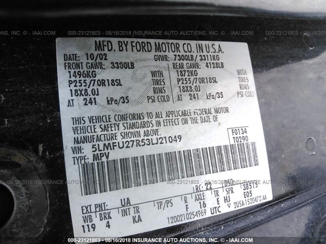 5LMFU27R53LJ21049 - 2003 LINCOLN NAVIGATOR 黑色 照片 9