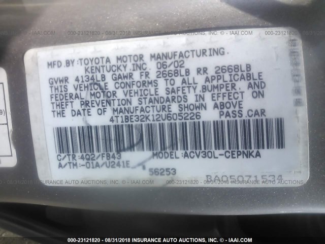 4T1BE32K12U605226 - 2002 TOYOTA CAMRY LE/XLE/SE 金色 照片 9