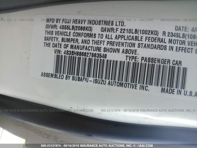 4S3BH686827663548 - 2002 SUBARU LEGACY OUTBACK LIMITED WHITE photo 9