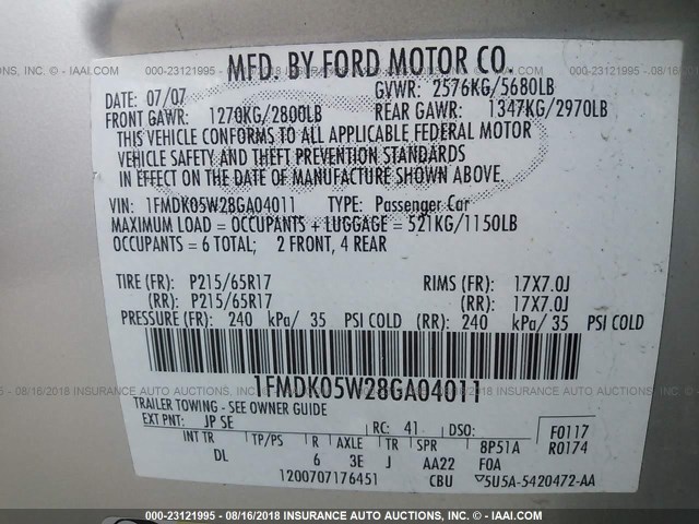 1FMDK05W28GA04011 - 2008 FORD TAURUS X SEL SILVER photo 9