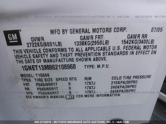 1GNET13M862108968 - 2006 CHEVROLET TRAILBLAZER LS/LT WHITE photo 9