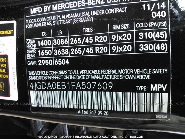 4JGDA0EB1FA507609 - 2015 MERCEDES-BENZ ML 250 BLUETEC BLACK photo 9