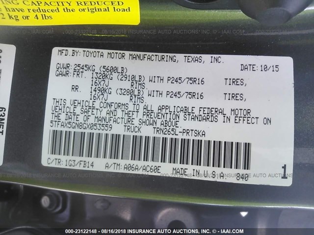 5TFAX5GN8GX053559 - 2016 TOYOTA Tacoma DOUBLE CAB/SR/SR5 GRAY photo 9