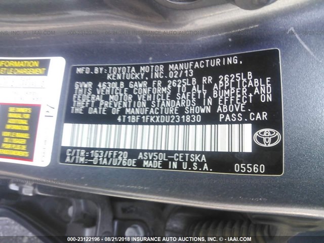 4T1BF1FKXDU231830 - 2013 TOYOTA CAMRY L/SE/LE/XLE 灰色 照片 9