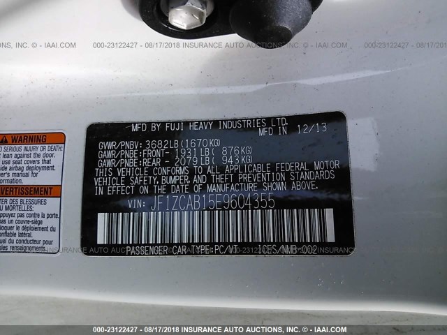 JF1ZCAB15E9604355 - 2014 SUBARU BRZ 2.0 PREMIUM WHITE photo 9