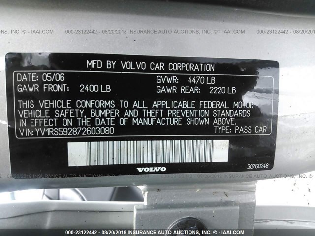YV1RS592872603080 - 2007 VOLVO S60 2.5T SILVER photo 9