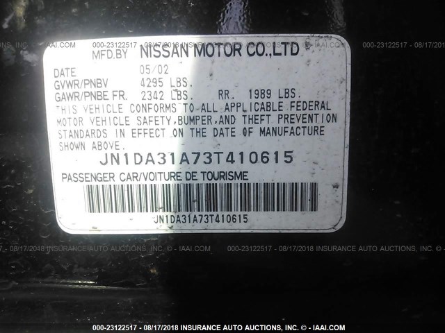 JN1DA31A73T410615 - 2003 NISSAN MAXIMA GLE/SE BLACK photo 9