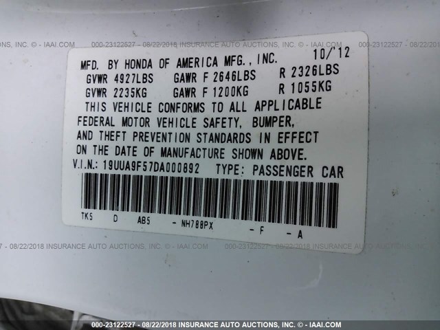 19UUA9F57DA000892 - 2013 ACURA TL TECH WHITE photo 9