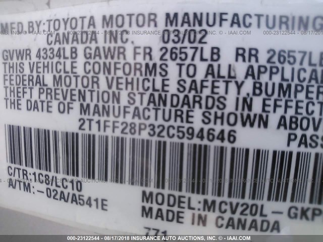 2T1FF28P32C594646 - 2002 TOYOTA CAMRY SOLARA SE/SLE 灰色 照片 9