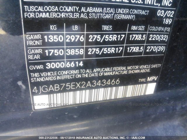 4JGAB75EX2A343466 - 2002 MERCEDES-BENZ ML 500 BLUE photo 9