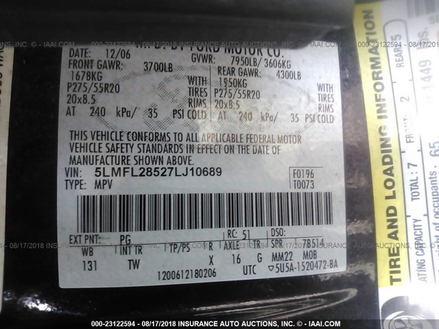 5LMFL28527LJ10689 - 2007 LINCOLN NAVIGATOR L 黑色 照片 9