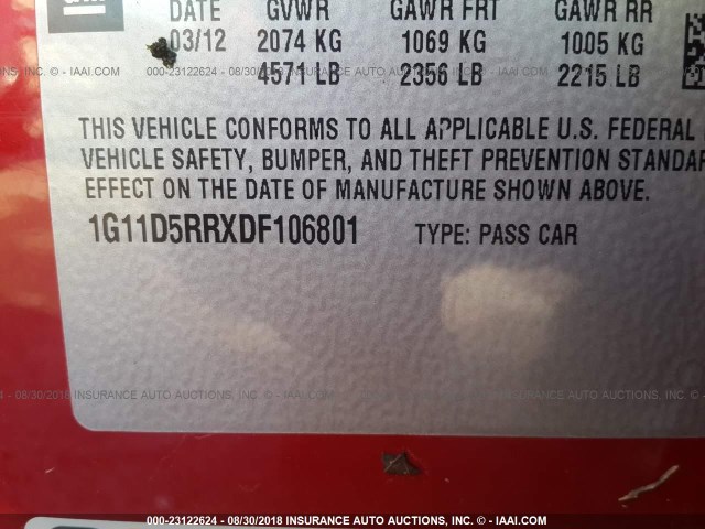 1G11D5RRXDF106801 - 2013 CHEVROLET MALIBU 1LT წითელი ფოტო 9