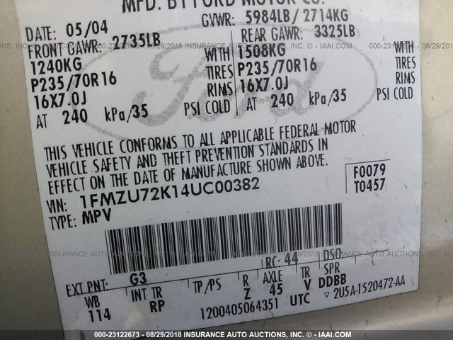 1FMZU72K14UC00382 - 2004 FORD EXPLORER XLS/XLS SPORT TAN photo 9