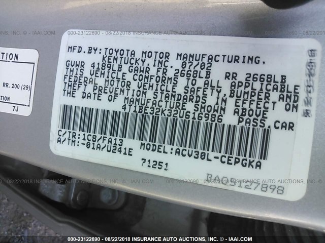 4T1BE32K32U616986 - 2002 TOYOTA CAMRY LE/XLE/SE 银色 照片 9