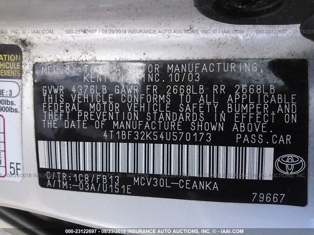 4T1BF32K54U570173 - 2004 TOYOTA CAMRY LE/XLE/SE Күміс фото 9