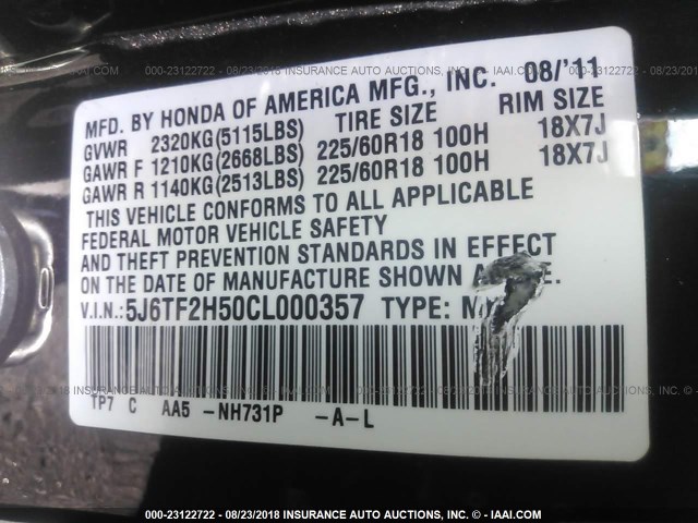 5J6TF2H50CL000357 - 2012 HONDA CROSSTOUR EXL შავი ფოტო 9