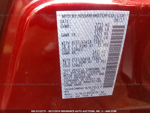 5N1DR2MM6HC697017 - 2017 NISSAN PATHFINDER S/SV/SL/PLATINUM RED photo 9