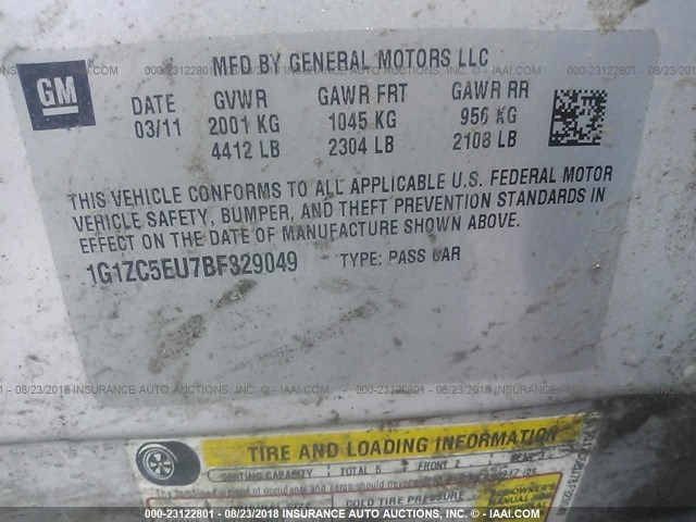 1G1ZC5EU7BF329049 - 2011 CHEVROLET MALIBU 1LT SILVER photo 9