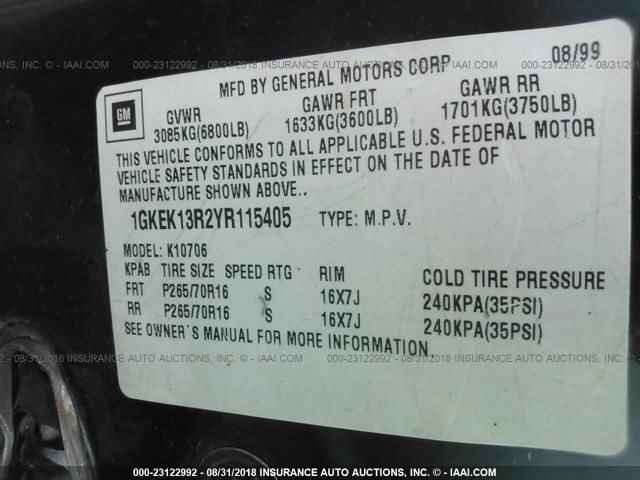 1GKEK13R2YR115405 - 2000 GMC YUKON DENALI BLACK photo 9