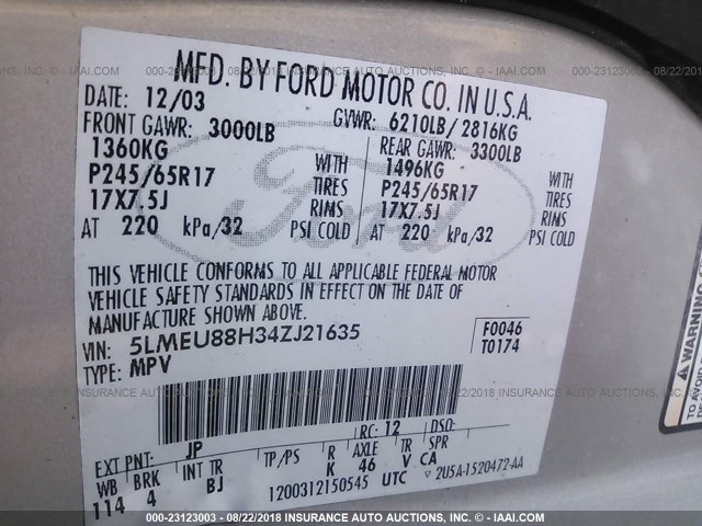 5LMEU88H34ZJ21635 - 2004 LINCOLN AVIATOR 银色 照片 9