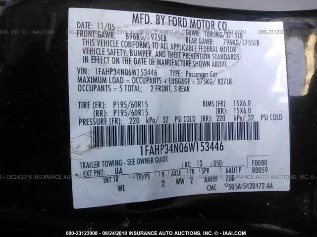 1FAHP34N06W153446 - 2006 FORD FOCUS ZX4 BLACK photo 9