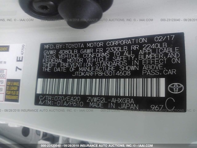 JTDKARFP8H3014608 - 2017 TOYOTA PRIUS PRIME  白色 照片 9