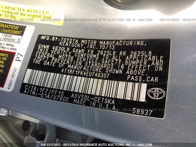 4T1BF1FK4EU746307 - 2014 TOYOTA CAMRY L/SE/LE/XLE 银色 照片 9