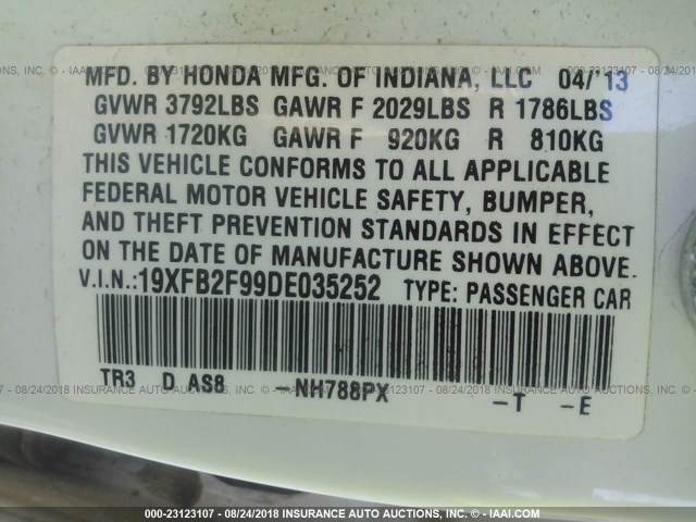 19XFB2F99DE035252 - 2013 HONDA CIVIC EXL 白色 照片 9