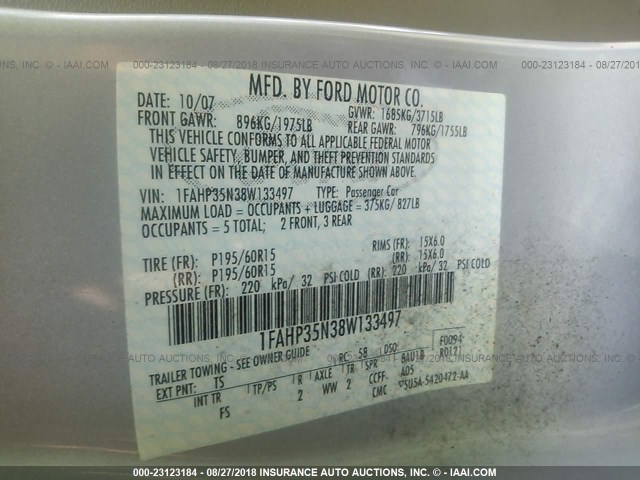 1FAHP35N38W133497 - 2008 FORD FOCUS SE/SEL/SES SILVER photo 9