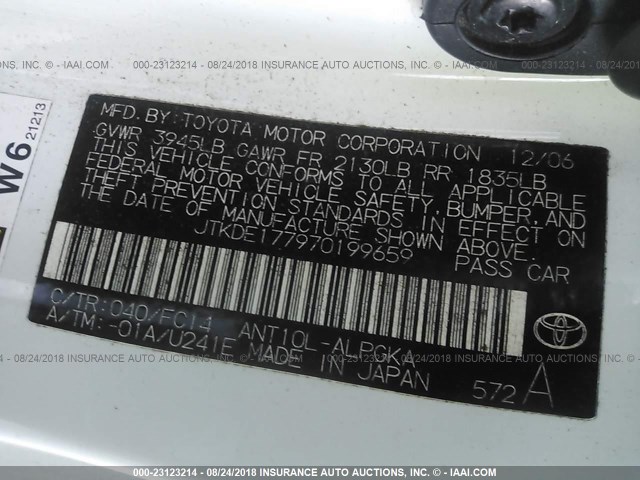 JTKDE177970199659 - 2007 TOYOTA SCION TC 白色 照片 9