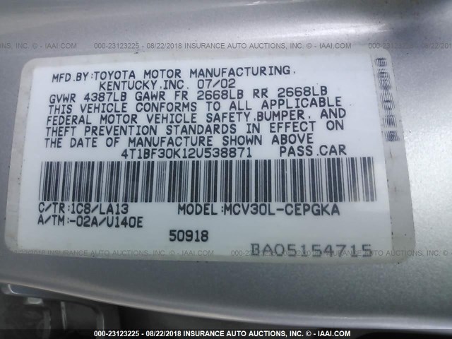 4T1BF30K12U538871 - 2002 TOYOTA CAMRY LE/XLE/SE 银色 照片 9