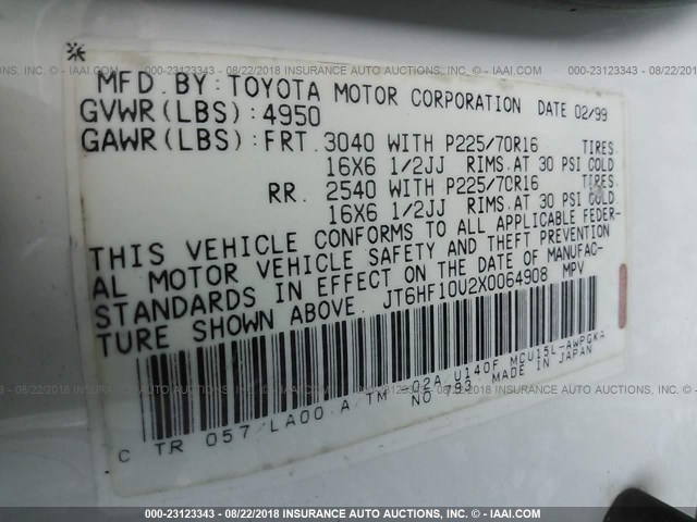 JT6HF10U2X0064908 - 1999 LEXUS RX 300 WHITE photo 9