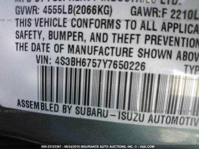 4S3BH6757Y7650226 - 2000 SUBARU LEGACY OUTBACK AWP GREEN photo 9