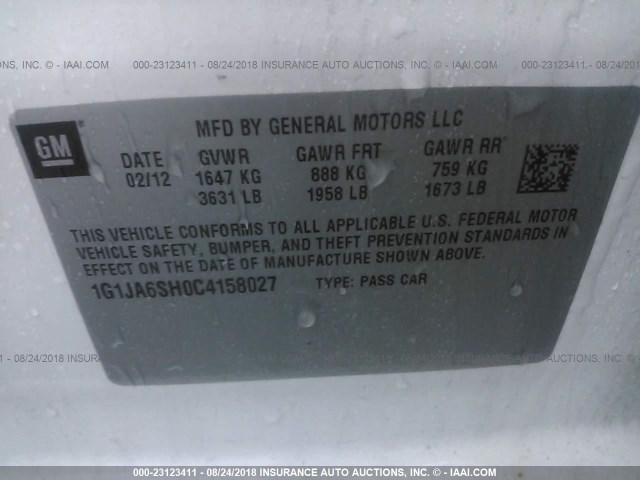 1G1JA6SH0C4158027 - 2012 CHEVROLET SONIC LS 白色 照片 9