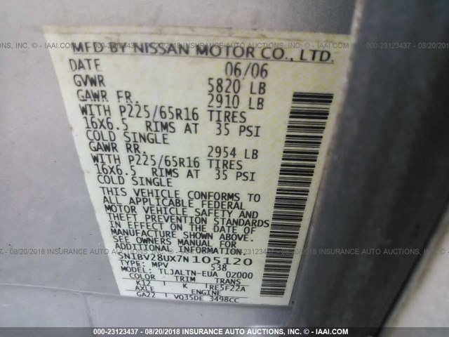 5N1BV28UX7N105120 - 2007 NISSAN QUEST S/SE/SL SILVER photo 9