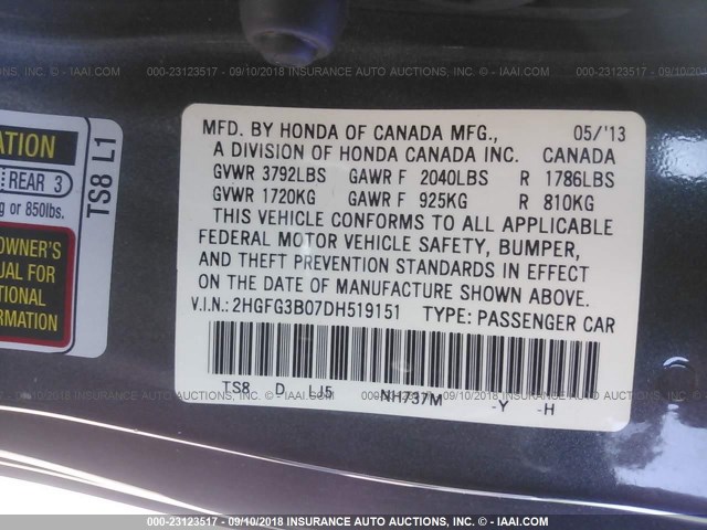 2HGFG3B07DH519151 - 2013 HONDA CIVIC EXL Boz foto 9