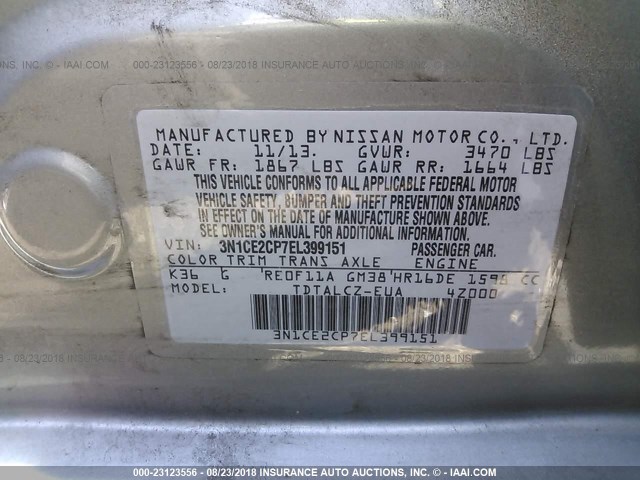 3N1CE2CP7EL399151 - 2014 NISSAN VERSA NOTE S/S PLUS/SV/SL GRAY photo 9