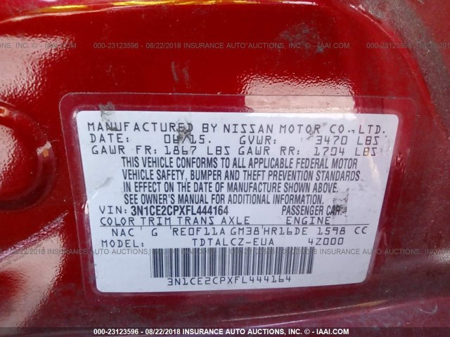 3N1CE2CPXFL444164 - 2015 NISSAN VERSA NOTE S/S PLUS/SV/SL/SR RED photo 9