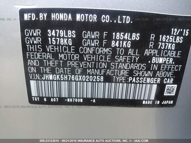 JHMGK5H76GX020258 - 2016 HONDA FIT EX/EXL SILVER photo 9