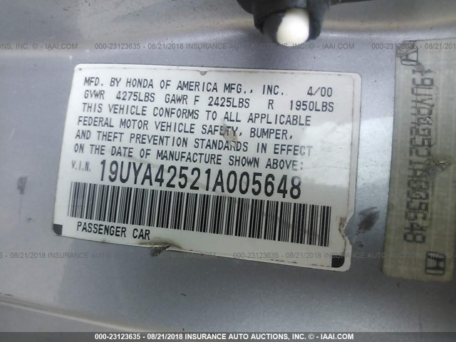 19UYA42521A005648 - 2001 ACURA 3.2CL SILVER photo 9