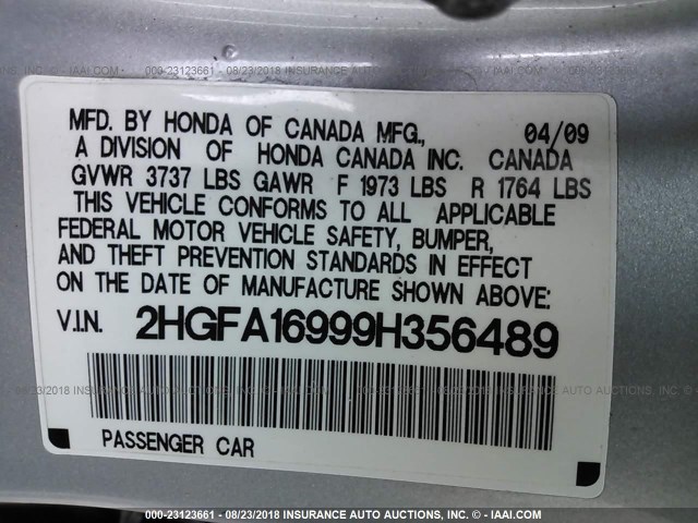2HGFA16999H356489 - 2009 HONDA CIVIC EXL Gümüş foto 9