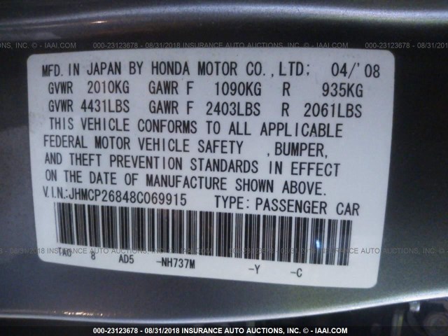 JHMCP26848C069915 - 2008 HONDA ACCORD EXL GRAY photo 9