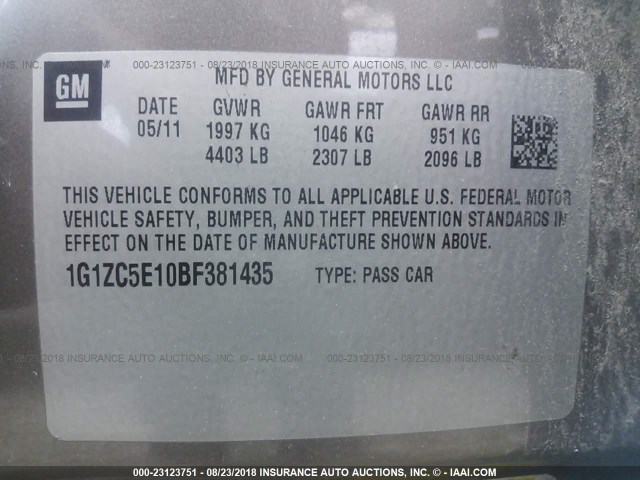 1G1ZC5E10BF381435 - 2011 CHEVROLET MALIBU 1LT BROWN photo 9