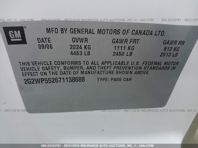 2G2WP552671138688 - 2007 PONTIAC GRAND PRIX WHITE photo 9