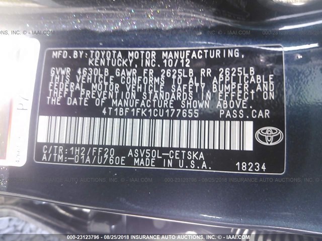 4T1BF1FK1CU177655 - 2012 TOYOTA CAMRY SE/LE/XLE 绿色 照片 9