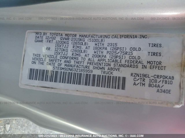 5TESM92N63Z185959 - 2003 TOYOTA TACOMA XTRACAB PRERUNNER თაფლისფერი ფოტო 9